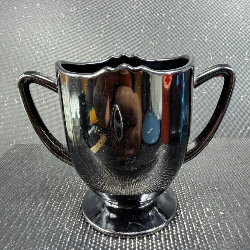 New Martinsville Black Amethyst Glass Creamer and Sugar Bowl Set Scalloped
